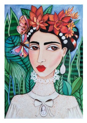 Poster Frida Kahlo mit einem Kranz im Boho-Stil