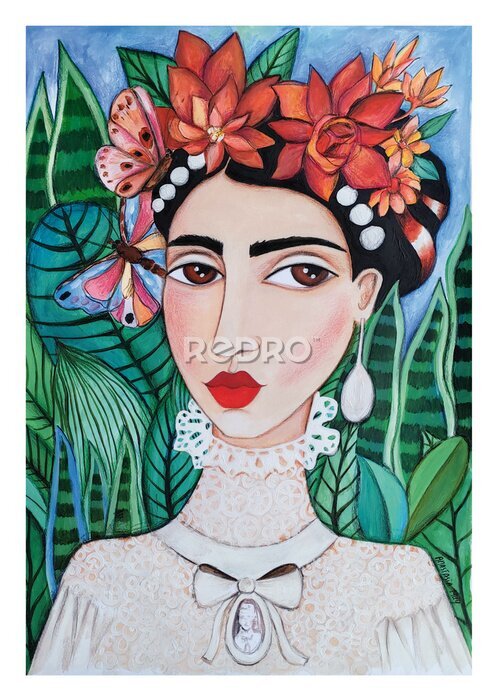 Poster Frida Kahlo mit einem Kranz im Boho-Stil