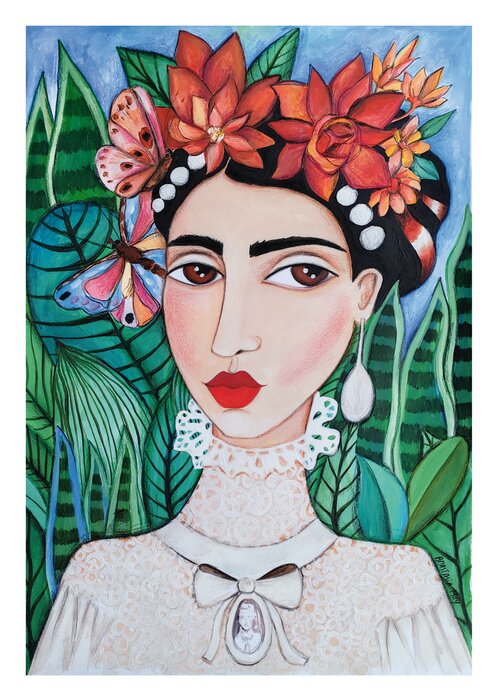 Poster Frida Kahlo mit einem Kranz im Boho-Stil