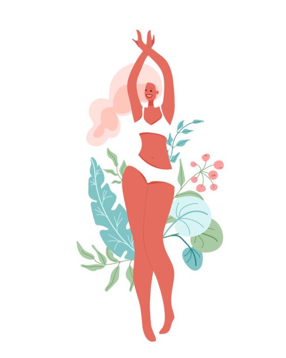 Poster Fröhliche Frau umgeben von grünen Blättern