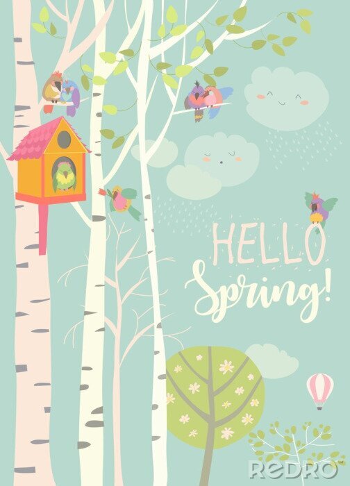 Poster Frühlingsbirkenhain Zeichnung mit Aufschrift