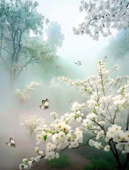 Poster Frühlingsmorgen im Obstgarten