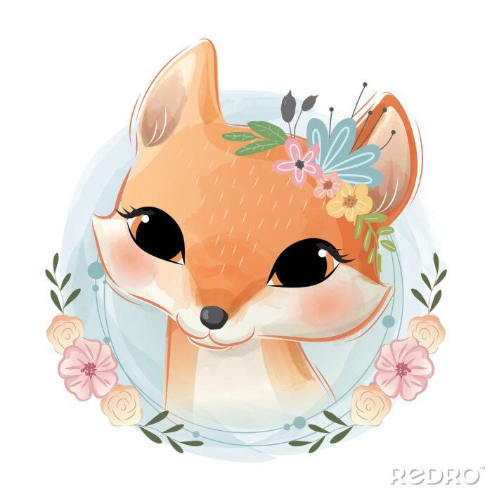 Poster Fuchs Aquarell in einem Blumenschmuck