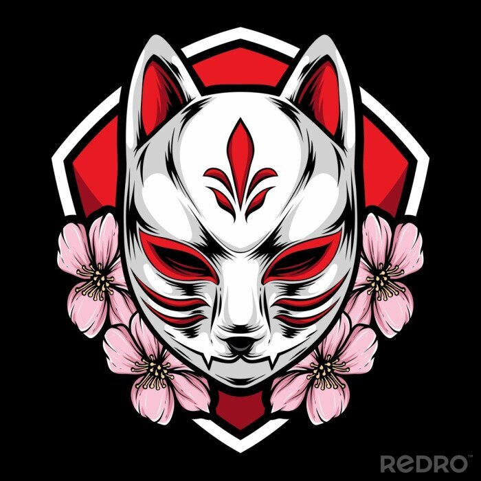 Poster Füchse Maske Fuchs und rosa Blumen