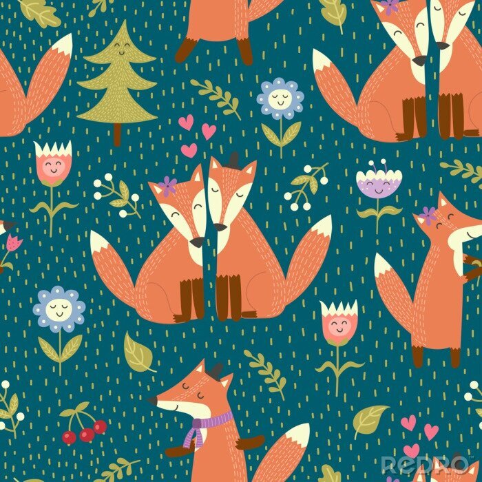 Poster Füchse nah beieinander mit Blumen und Tannenbäumen