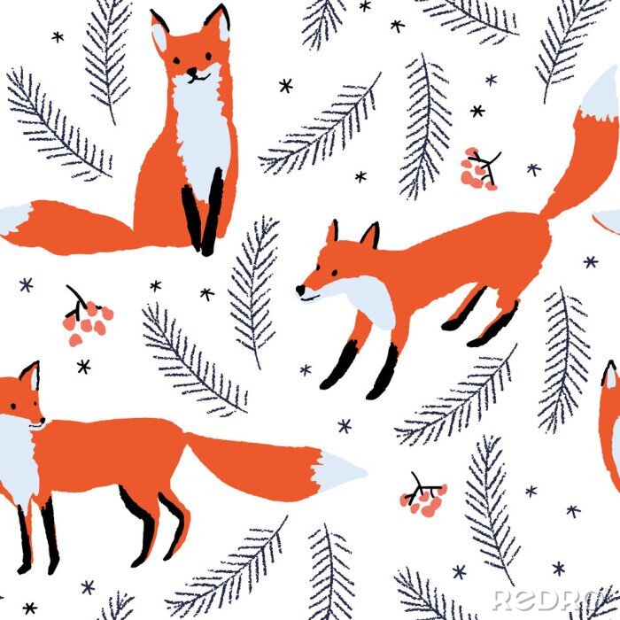 Poster Füchse und Pflanzen auf weißem Hintergrund