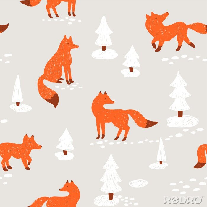 Poster Füchse und Tannenbäume im Schnee auf grauem Hintergrund