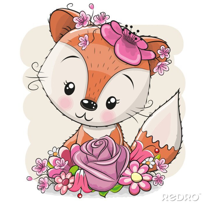 Poster Füchsin mit rosa Blumen auf dem Kopf