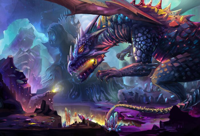 Poster Furchterregender Drache mit Feuer im Maul und Felsen