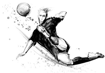 Fußballspieler in Aktion auf weißem Hintergrund. Gezeichnete Skizzenillustration des Fußballschattenbildes Hand