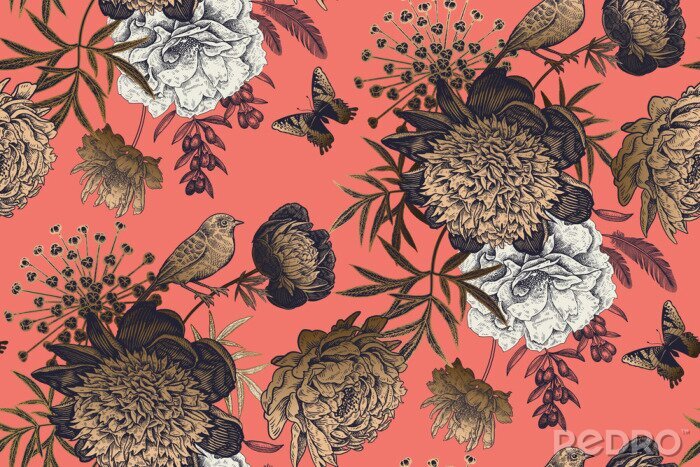 Poster Garden flowers peonies on a coral background. Luxury seamless pattern.