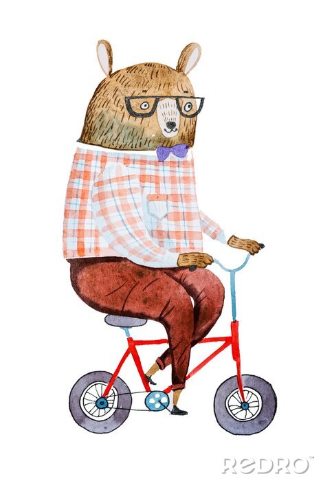 Poster Gekleideter Bär auf einem kleinen Fahrrad