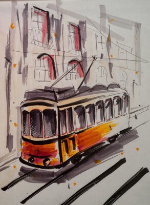 Poster Gelbe Straßenbahn in Aquarell