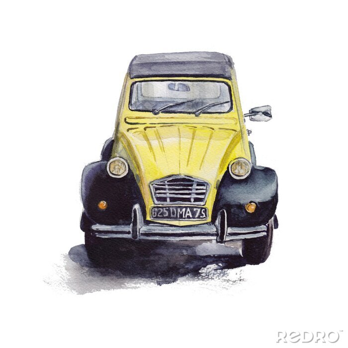 Poster Gelbes Aquarell-Auto im Retro-Stil
