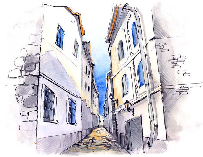 Poster Gemalte Gasse unter blauem Himmel