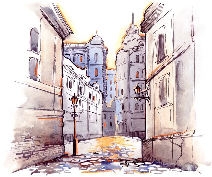 Poster Gemalte gepflasterte Gasse mit Laternen