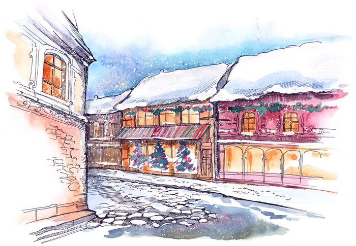 Poster Gemalte gepflasterte Straße im Winter