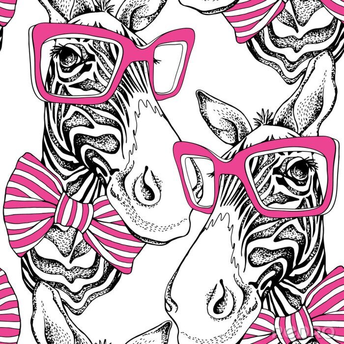 Poster Gemalte Zebras mit rosa Brille und Schleifen