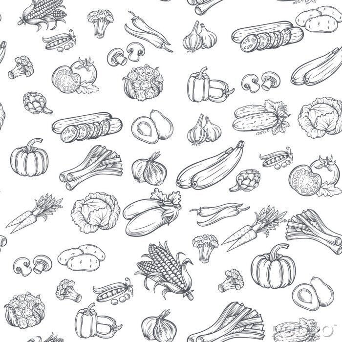 Poster Gemüse gezeichnet schwarz-weiß