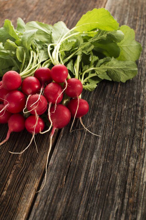Poster Gemüse Radieschen auf Holztischplatte