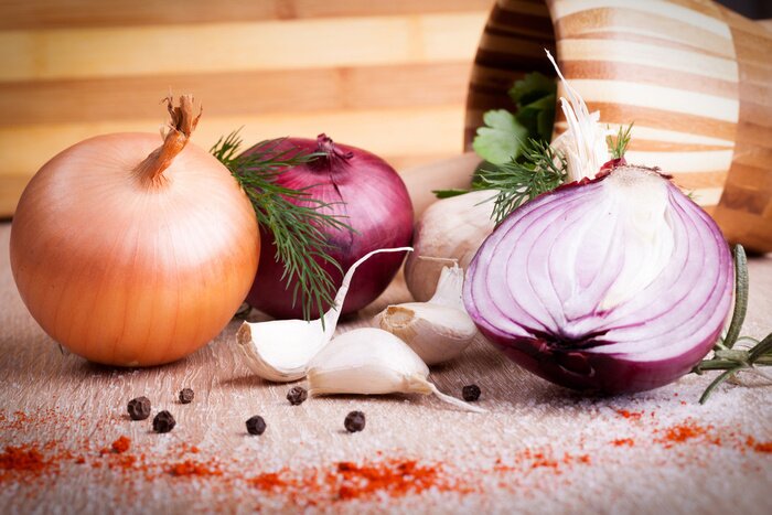 Poster Gemüse Zwiebel Knoblauch und Gewürze