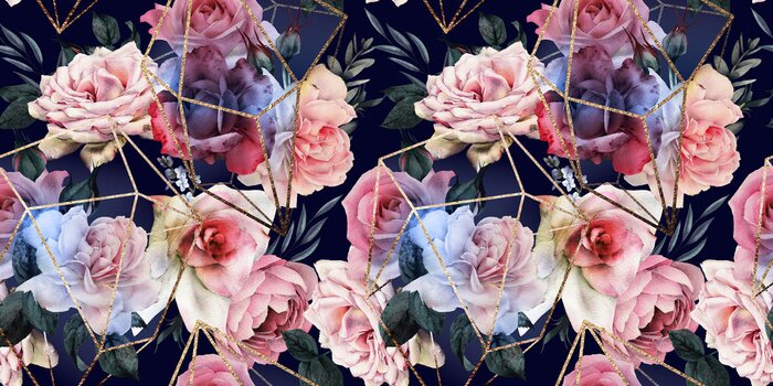 Poster Geometrische Formen mit Blumen im Hintergrund