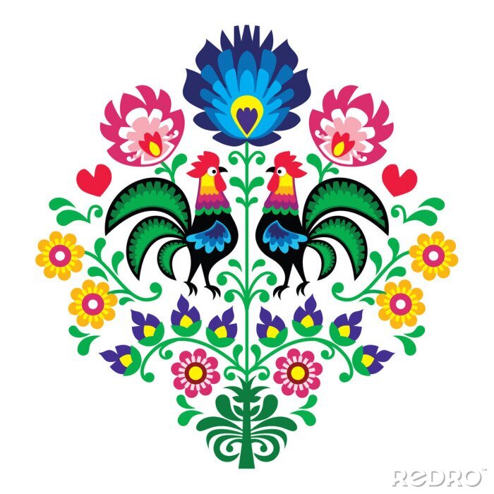 Poster Geometrische Tiere auf volkstümlicher Stickerei