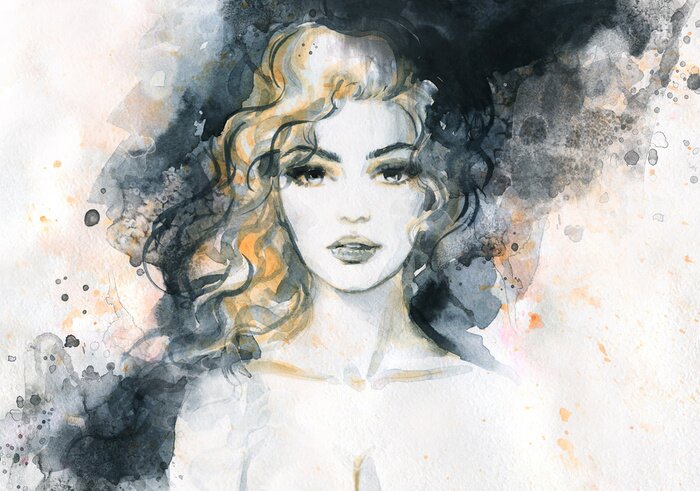 Poster Gesicht einer Frau und schwarze Flecken aus Aquarellfarbe