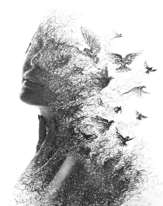 Poster Gesicht einer Frau verwandelt sich in einen Vogel