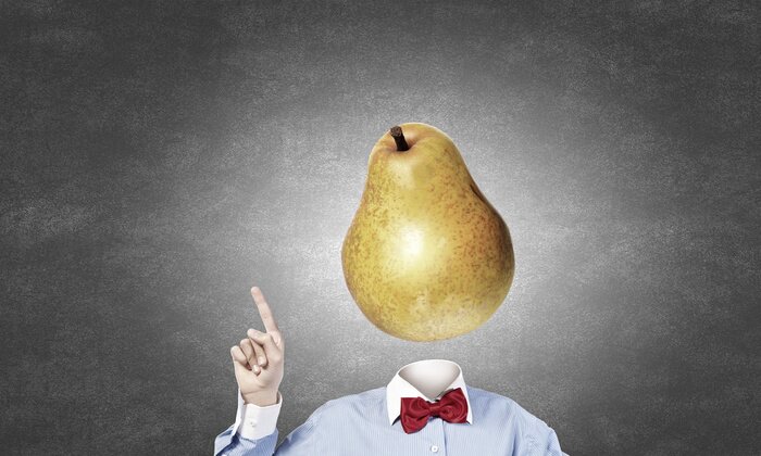 Poster Gestalt mit Birne statt eines Kopfes