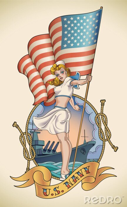 Poster Gezeichnetes Mädchen vor dem Hintergrund des Marineschiffs