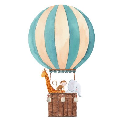 Poster Giraffe, Baby und Elefant in einem fliegenden Ballon