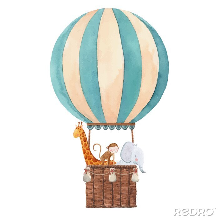 Poster Giraffe, Baby und Elefant in einem fliegenden Ballon