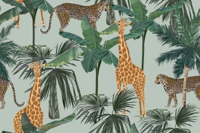 Giraffen und Leoparden zwischen Palmen