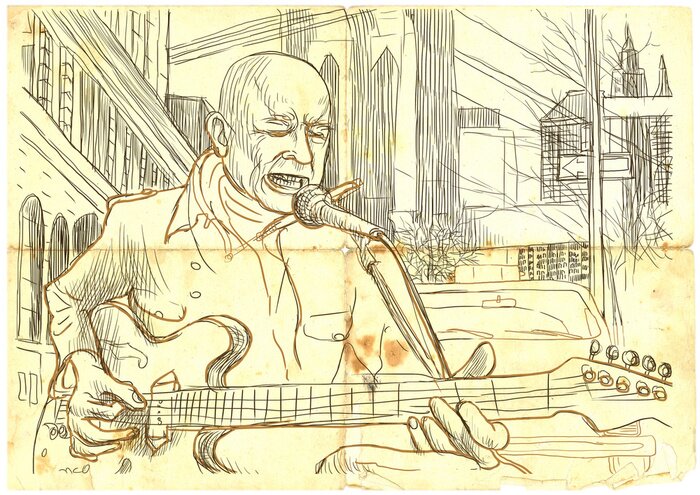 Poster Gitarrist vor der Kulisse der Brooklyn Bridge