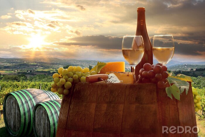 Poster Gläser und Trauben am Fass