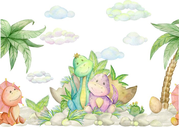 Poster Glückliche Dinosaurier und exotische Palmen