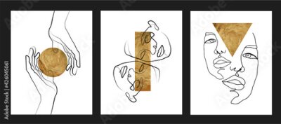 Poster Gold one line wall art vector set.  Boho line art drawing with abstract shape. Abstract face and hands Art design for print, cover, wallpaper, Minimal wall art.