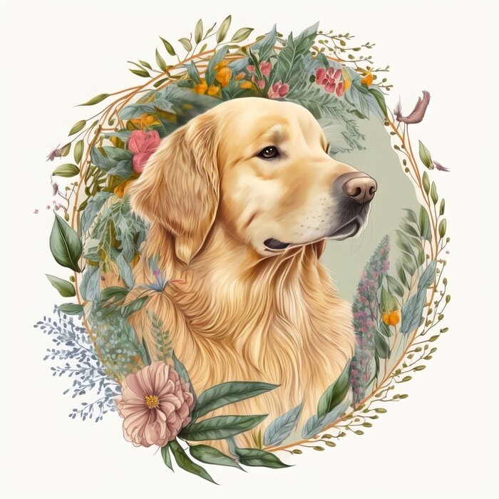 Poster Golden Retriever in Blumen
