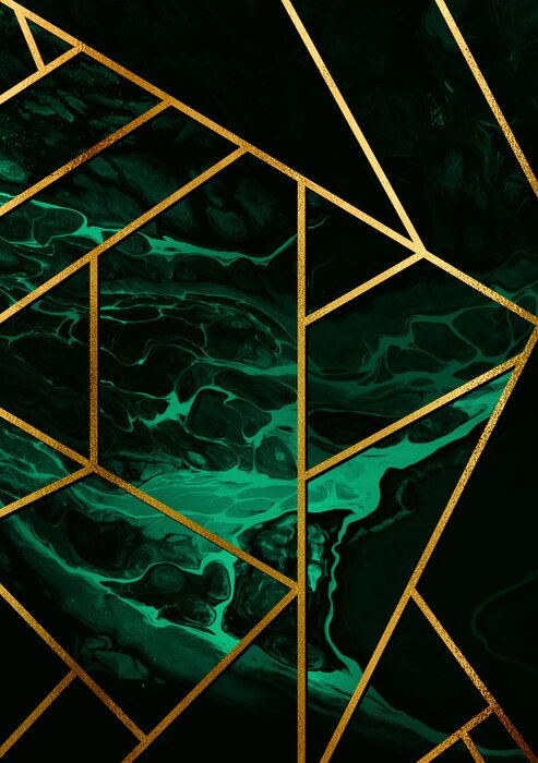 Poster Goldene Linien auf grünem Marmor-Hintergrund