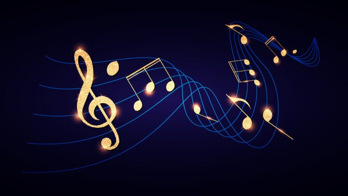 Poster Goldene Noten auf blauem Notensystem