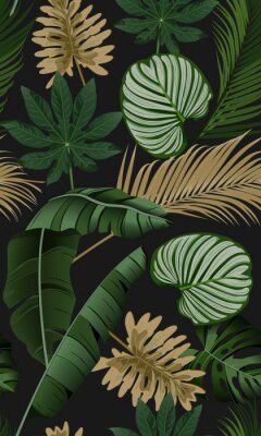Goldene und grüne tropische Blätter auf dunklem Hintergrund