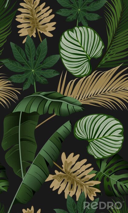 Poster Goldene und grüne tropische Blätter auf dunklem Hintergrund