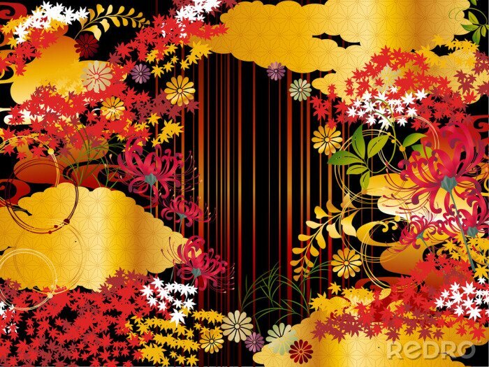 Poster Goldenes Wolken- und Stielhintergrundmaterial des roten Blattes des Herbstes