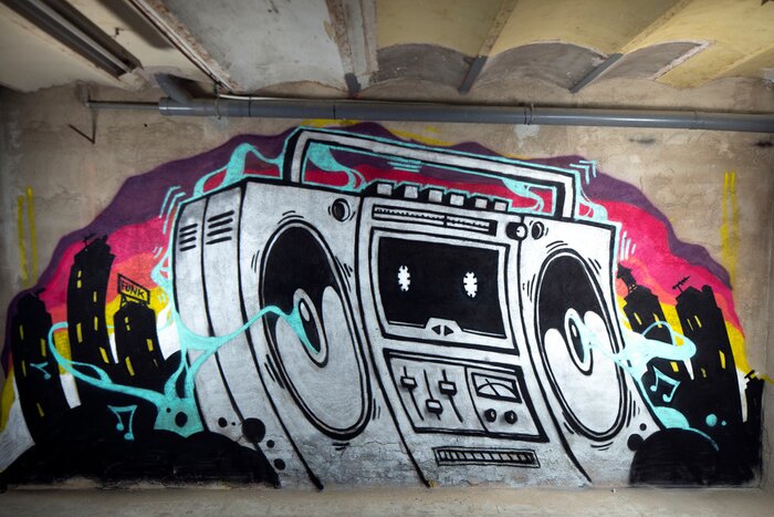 Poster Graffiti an der Mauer mit Musikmotiv