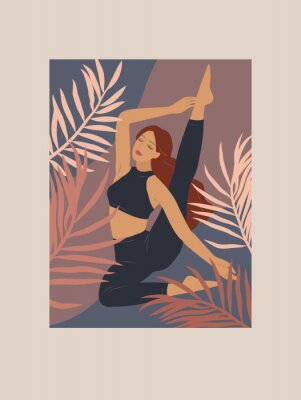 Poster Grafik einer von Palmenblättern umgebenen Frau beim Yoga