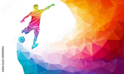 Poster Grafik eines Fußballspielers und eines Balls auf mehrfarbigem Hintergrund