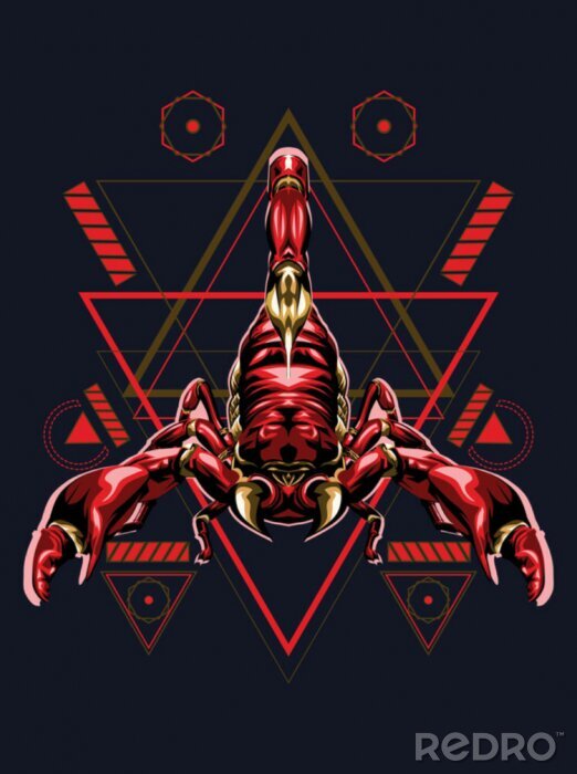 Poster Grafik eines roten Skorpions auf einem Hintergrund aus Dreiecken