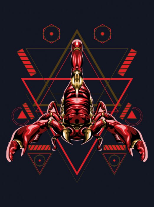 Poster Grafik eines roten Skorpions auf einem Hintergrund aus Dreiecken