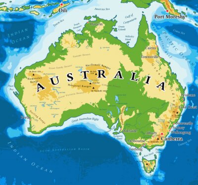 Poster Grafik Kontinente mit geografischer Übersichtskarte von Australien